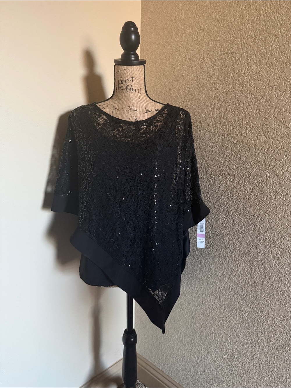 R & M Richards Black Lace Sequin Tunic Top